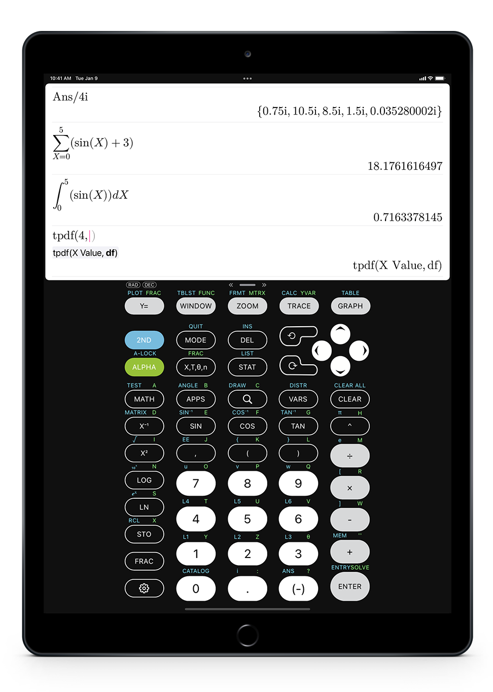 Calculate84 app running on iPad showing graphing calculator interface